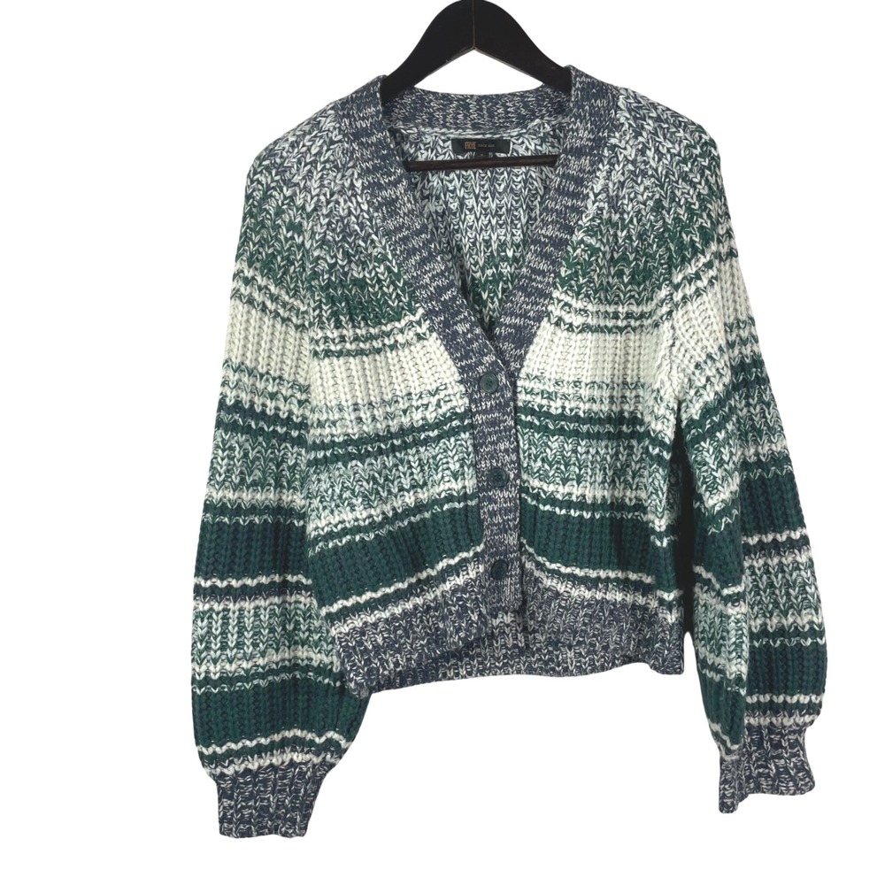 Frye Women's Striped Knit Cardigan Sweater Green‎ White Navy Acrylic Size S